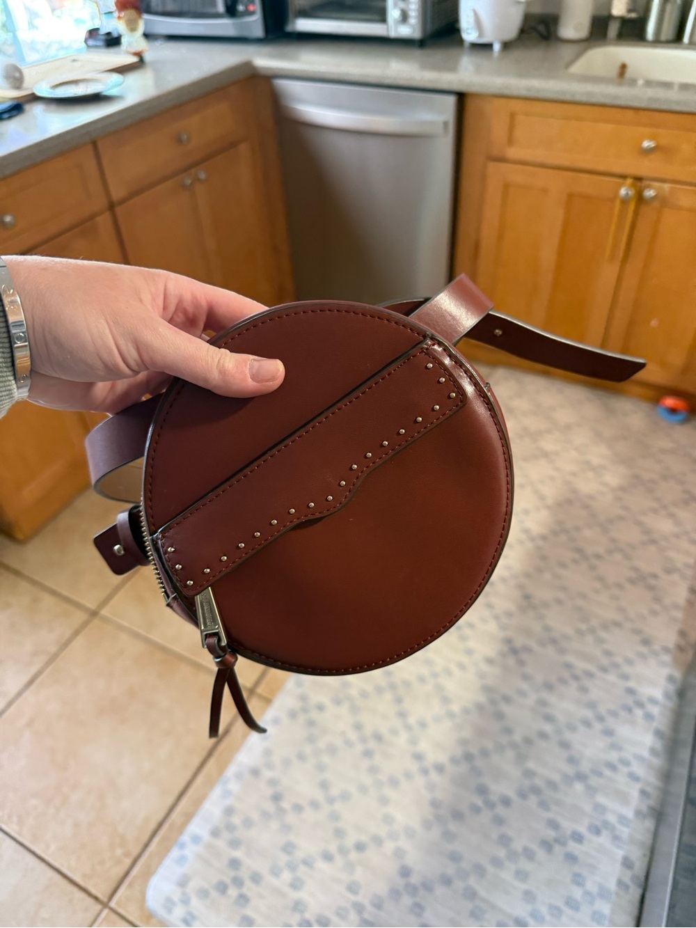 Rebecca Minkoff Round Mini Crossbody in Chestnut Brown with Stud Accents